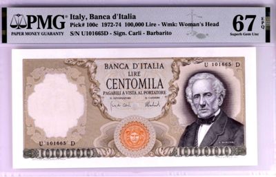 【Blue Auction】✨世界纸币精拍第168期——非洲五奶图（共93拍） - 【无47】意大利 1972-74年10万里拉 经典曼左尼 人物雕刻非常漂亮 PMG67EPQ 高分