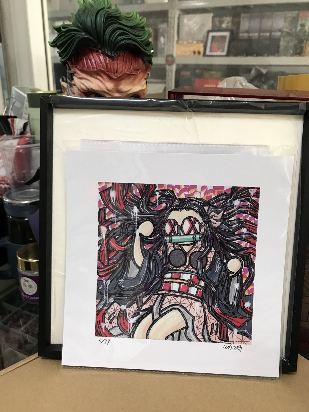 零元拍：歪歪亲笔签名 OWSON系列限量插画复制画《弥豆子》，尺寸约22/22厘米，拍品不含镜框