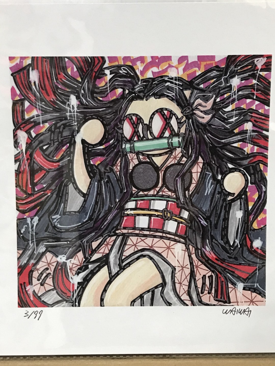 零元拍：歪歪亲笔签名 OWSON系列限量插画复制画《弥豆子》，尺寸约22/22厘米，拍品不含镜框