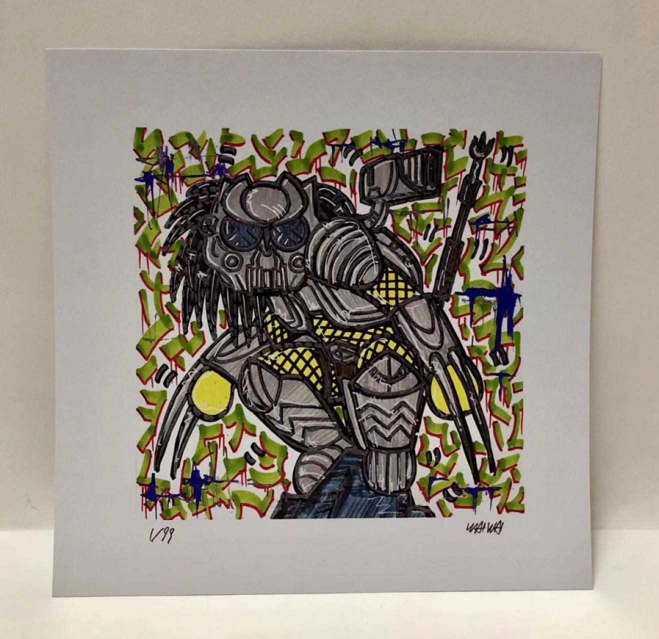 零元拍：歪歪亲笔签名 OWSON系列限量插画复制画《铁血战士》，尺寸约22/22厘米，拍品不含镜框