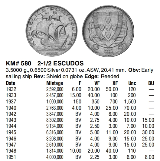 【保诚微拍】【全场包邮】第22期 $ 银币专场 $ Silver Coins  葡萄牙1944年 海盗船 2.5埃斯库多 硬币 银币（3.5克，0.65银，20.41mm）