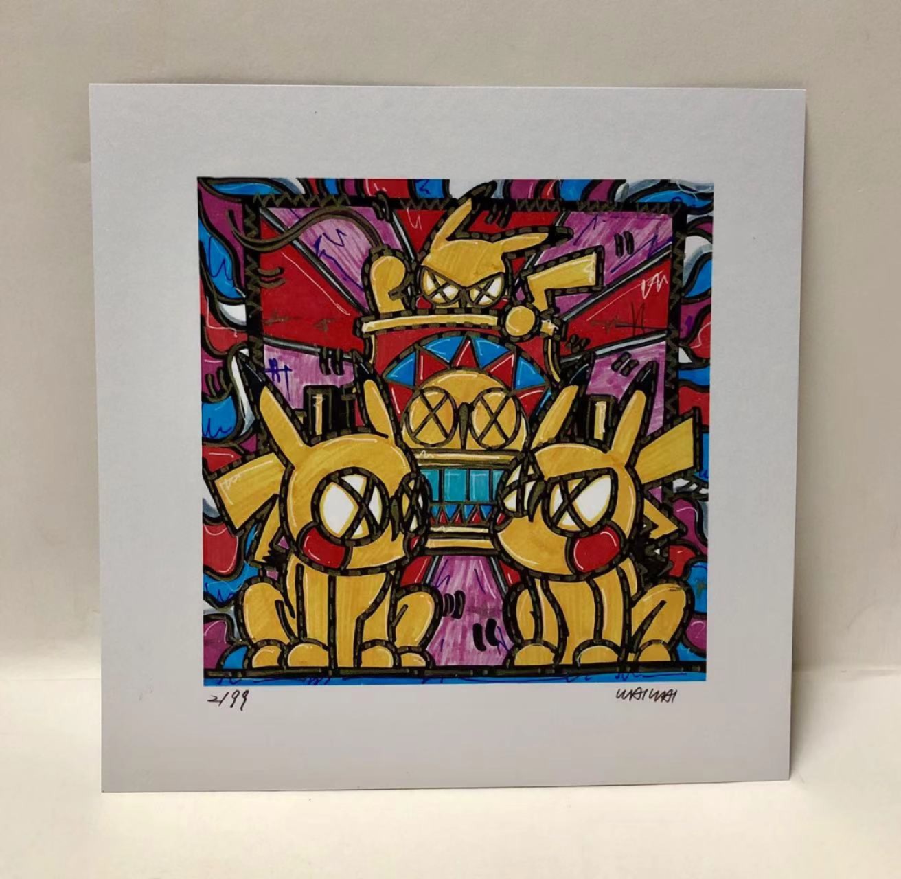 零元拍：歪歪亲笔签名 OWSON系列限量插画复制画《皮卡丘》，尺寸约22/22厘米，拍品不含镜框