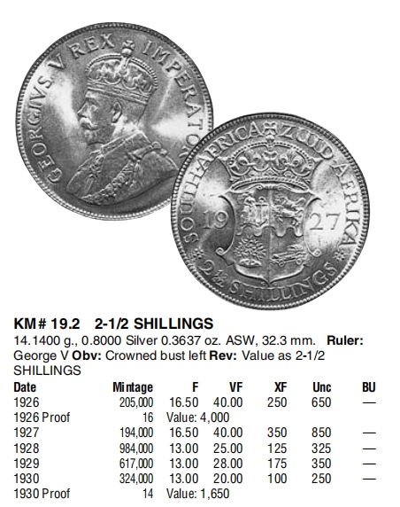 【保诚微拍】【全场包邮】第22期 $ 银币专场 $ Silver Coins  英属南非  乔治五世 1923-36年 2/6 2.5先令 半克朗 硬币 高银币（14克，0.8银，32mm）发行量很少