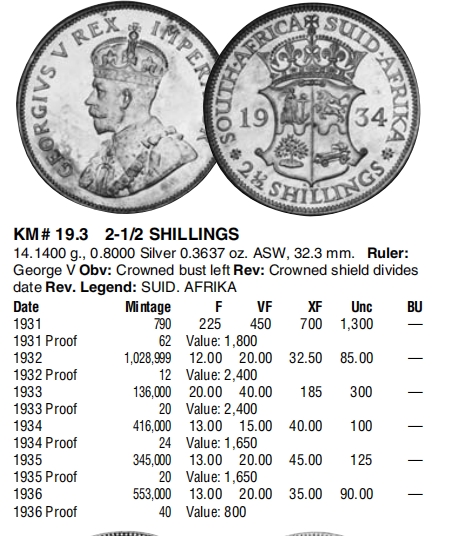 【保诚微拍】【全场包邮】第22期 $ 银币专场 $ Silver Coins  英属南非  乔治五世 1923-36年 2/6 2.5先令 半克朗 硬币 高银币（14克，0.8银，32mm）发行量很少