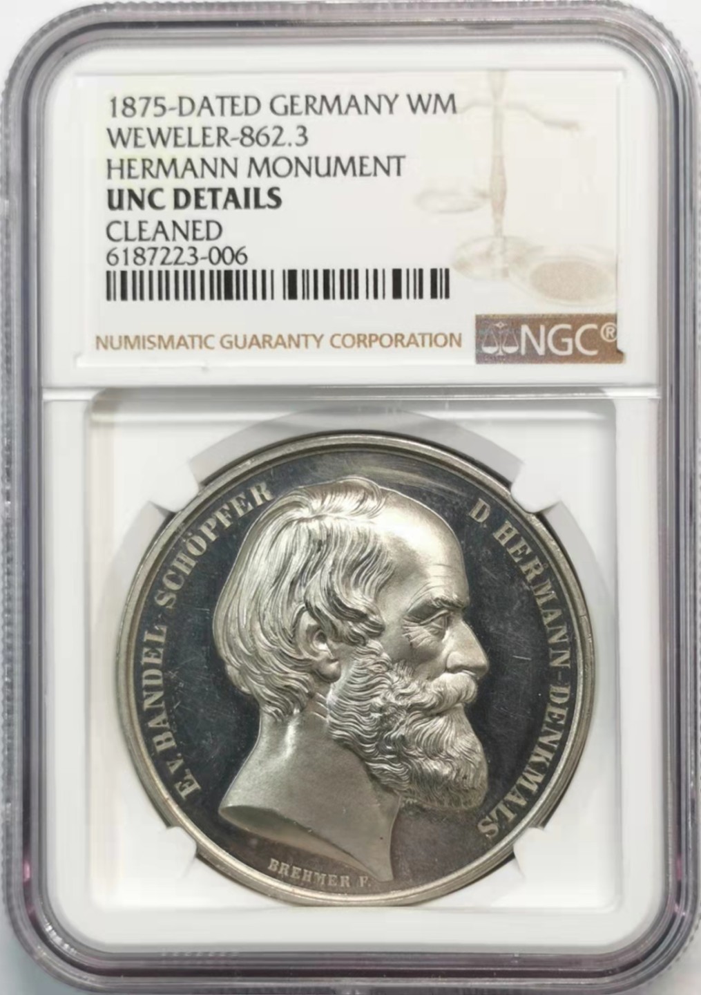 凡希社世界钱币微拍第一百九十三期 1875德国赫尔曼雕像落成纪念章NGC-UNCD白色金属！