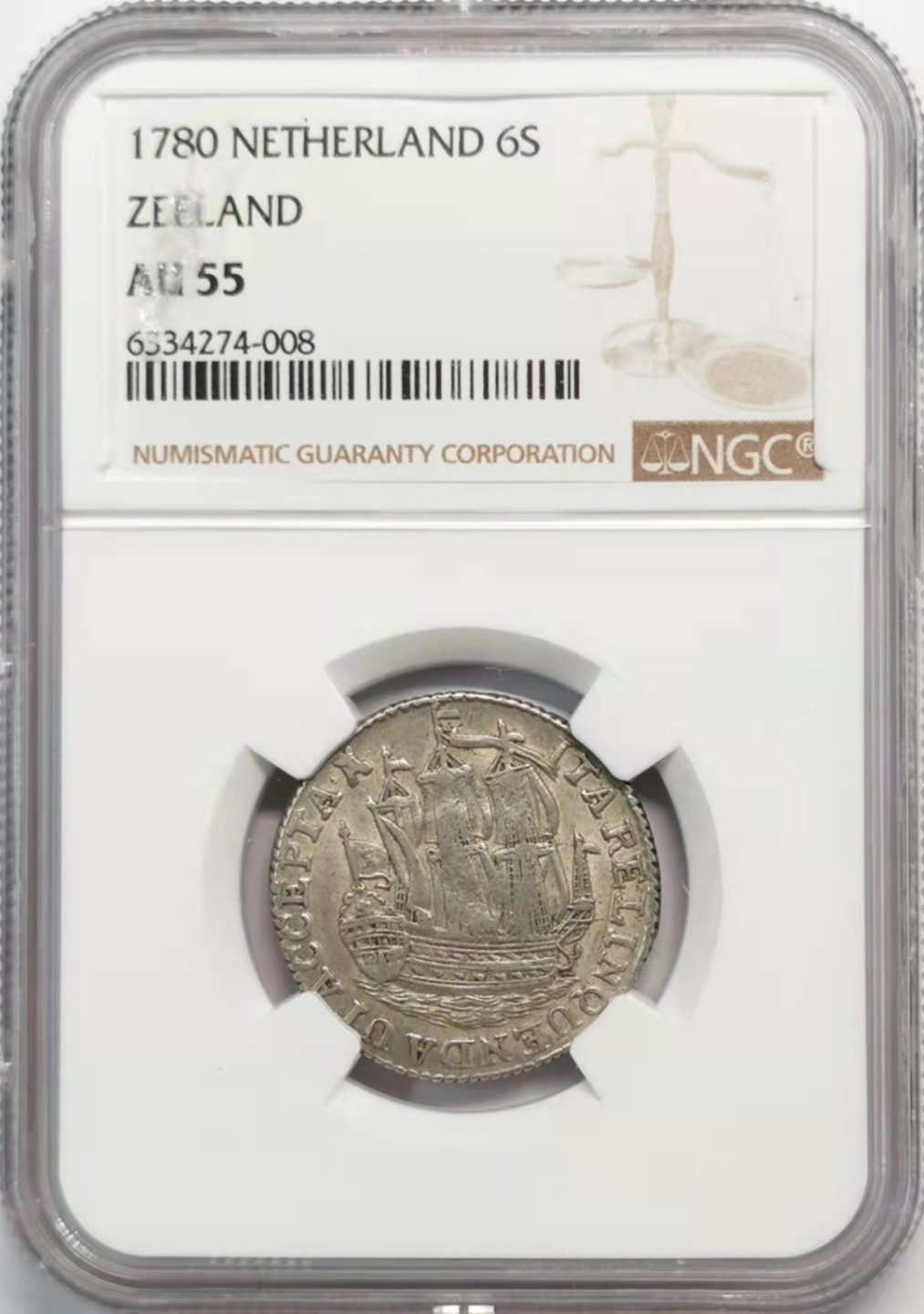 凡希社世界钱币微拍第一百九十三期 1780泽兰帆船6S银辅币NGC-AU55