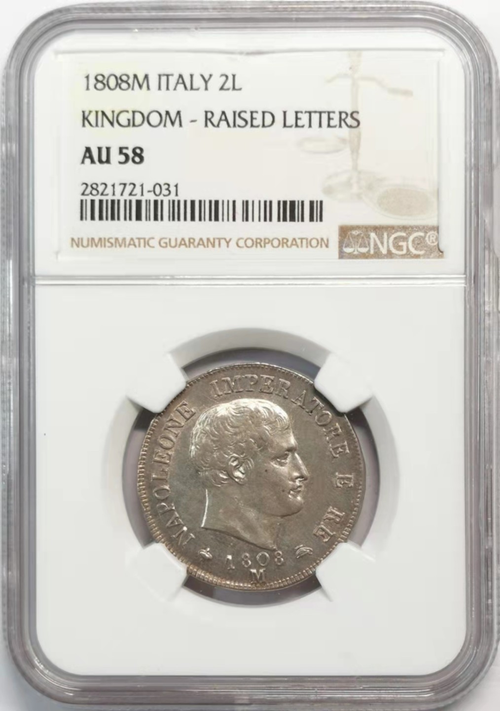 凡希社世界钱币微拍第一百九十三期 荐！1808M意大利王国2里拉NGC-AU58亚军稀少版别！