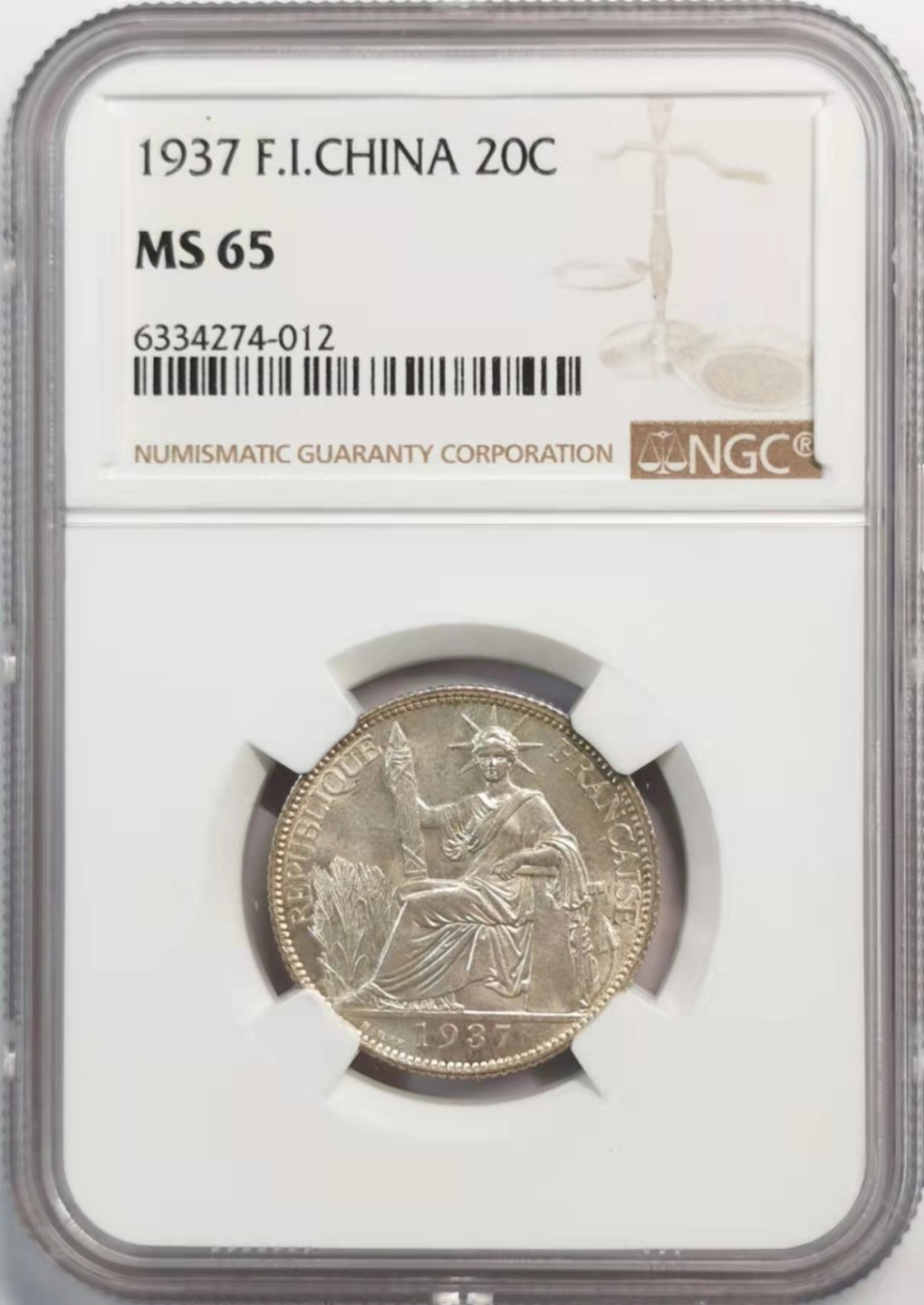 凡希社世界钱币微拍第一百九十三期 1937法属印度支那20分NGC-MS65高分收藏级！