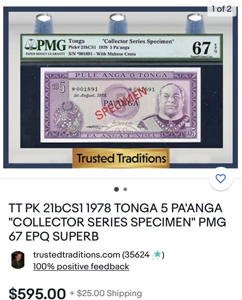 《外钞收藏家》第一百七十二期拍卖 1978年汤加 1、2、5、10 四张 样钞 全新UNC 附价格参考