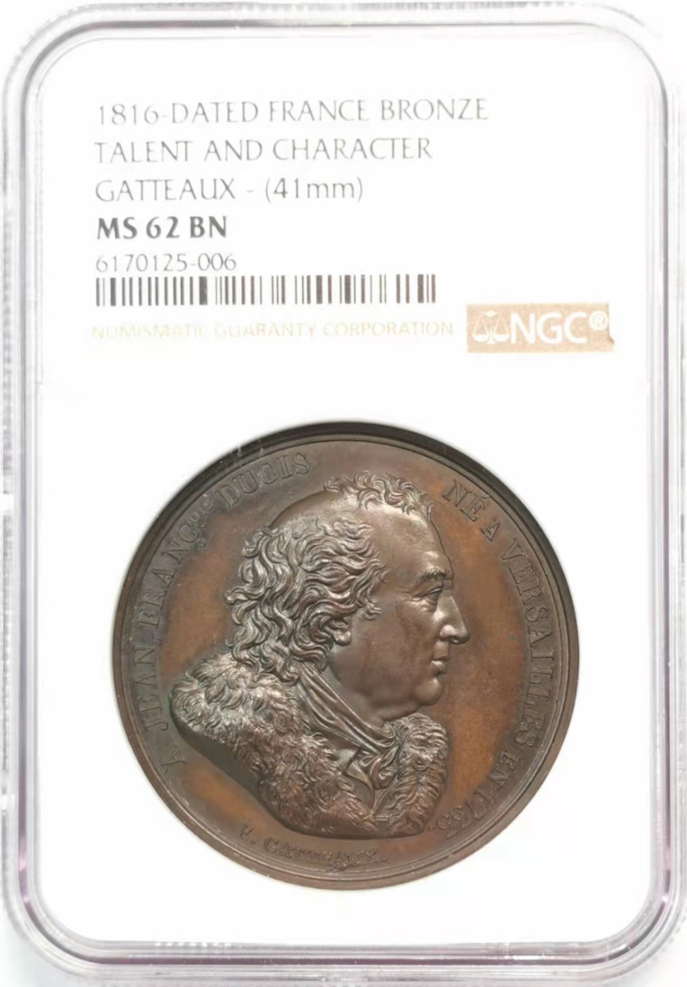 凡希社世界钱币微拍第一百九十三期 1816法国剧作家迪西纪念铜章NGC-MS62