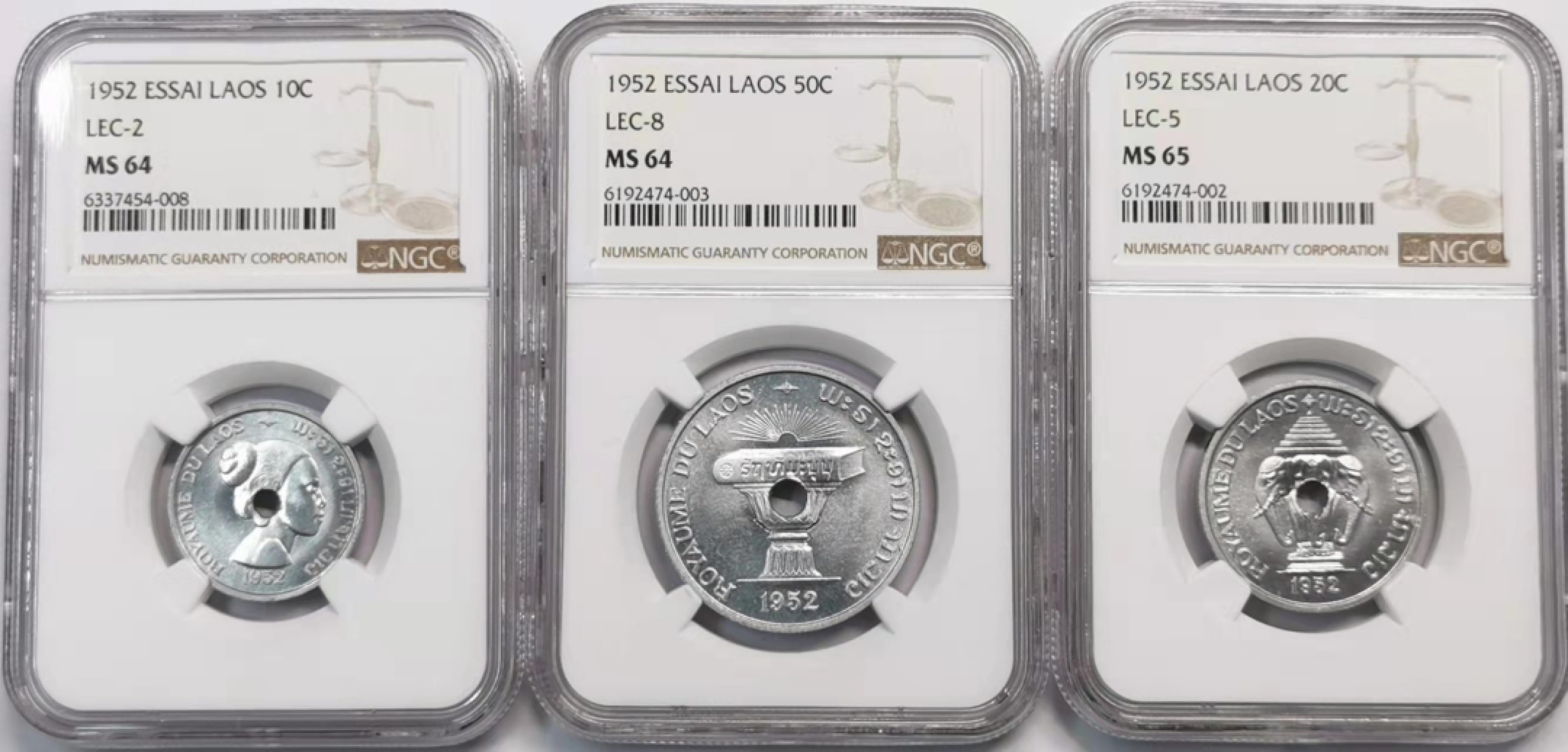 凡希社世界钱币微拍第一百九十三期 荐！1952老挝中孔铝样币三枚套NGC-MS64/64/65