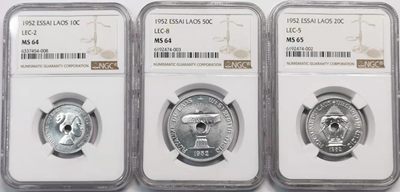 凡希社世界钱币微拍第一百九十三期 - 荐！1952老挝中孔铝样币三枚套NGC-MS64/64/65