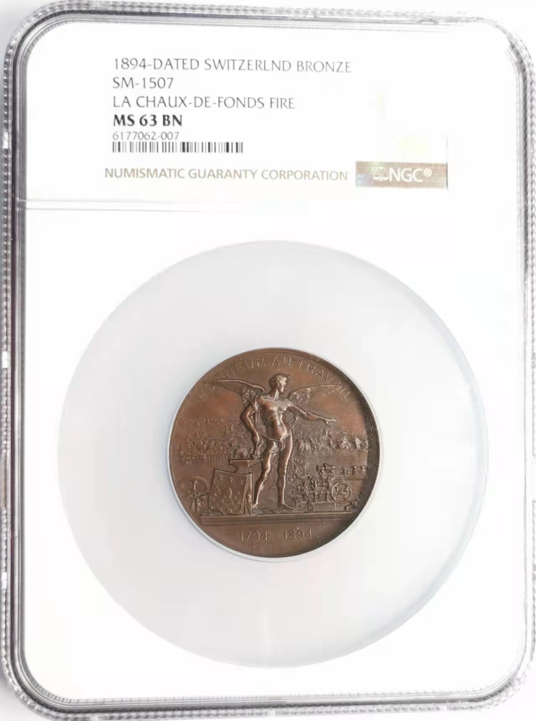 凡希社世界钱币微拍第一百九十三期 1894瑞士拉绍德封火灾百年纪念铜章NGC-MS63