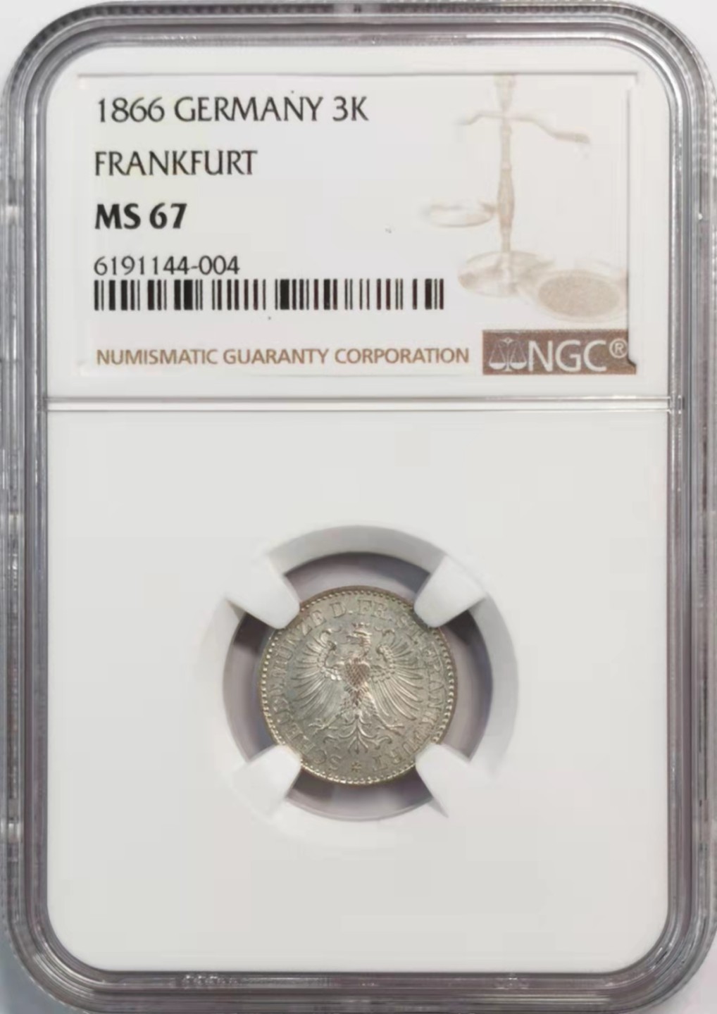 凡希社世界钱币微拍第一百九十三期 1866法兰克福3K银辅币NGC-MS67超高分！