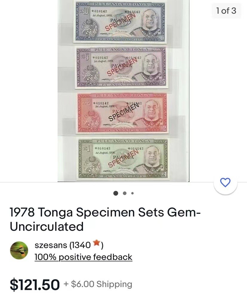 《外钞收藏家》第一百七十二期拍卖 1978年汤加 1、2、5、10 四张 样钞 全新UNC 附价格参考