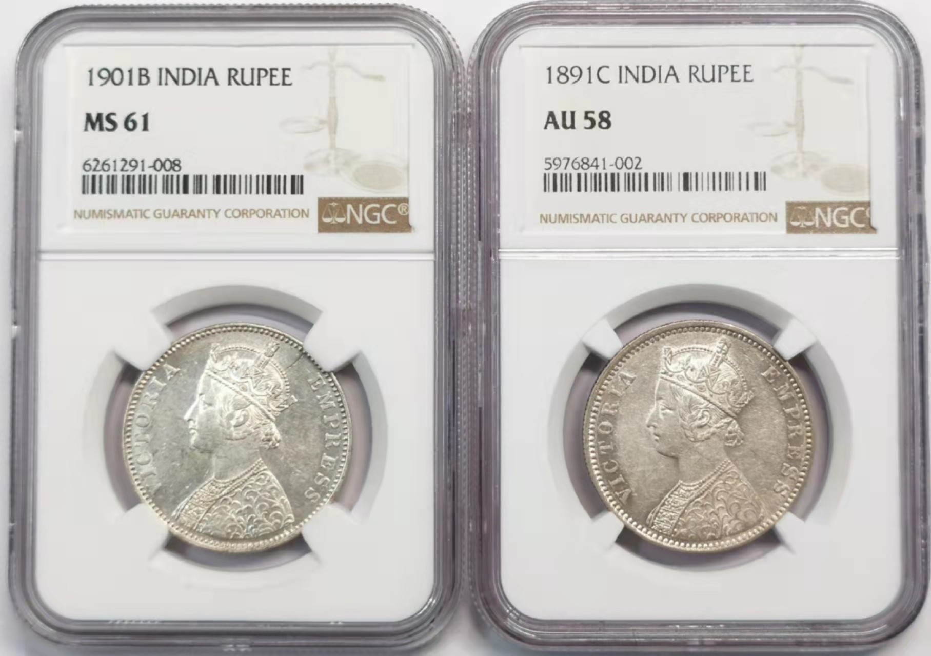 凡希社世界钱币微拍第一百九十三期 英属印度小维卢比一对NGC-AU58/MS61