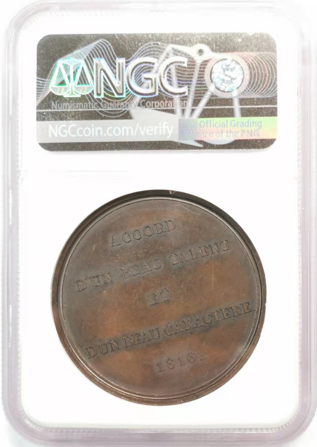 凡希社世界钱币微拍第一百九十三期 1816法国剧作家迪西纪念铜章NGC-MS62