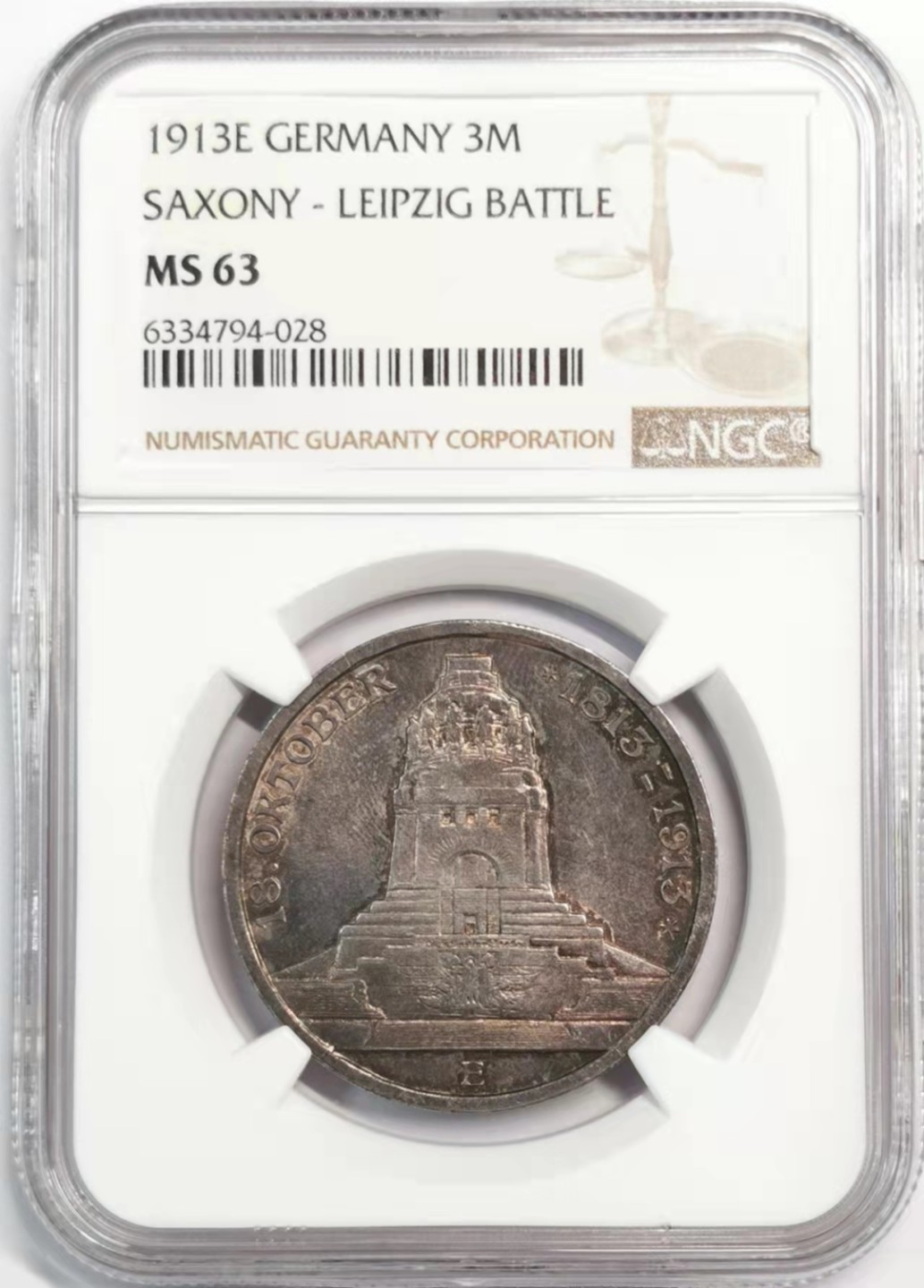凡希社世界钱币微拍第一百九十三期 1913莱比锡纪念碑3马克NGC-MS63