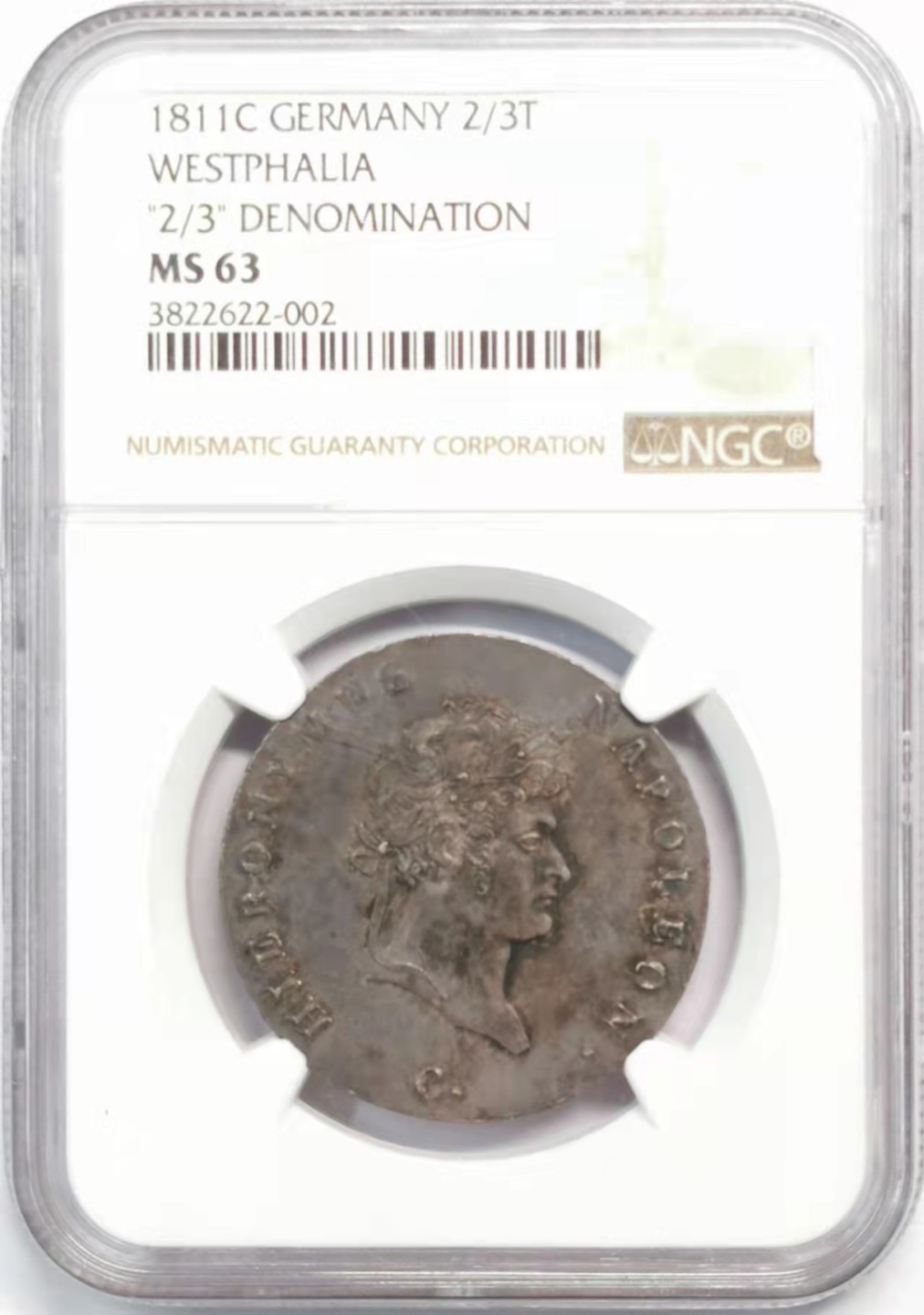 凡希社世界钱币微拍第一百九十三期 稀！1811威斯特伐利亚热罗姆拿破仑2/3泰勒NGC-MS63包浆绝美顶级品相！