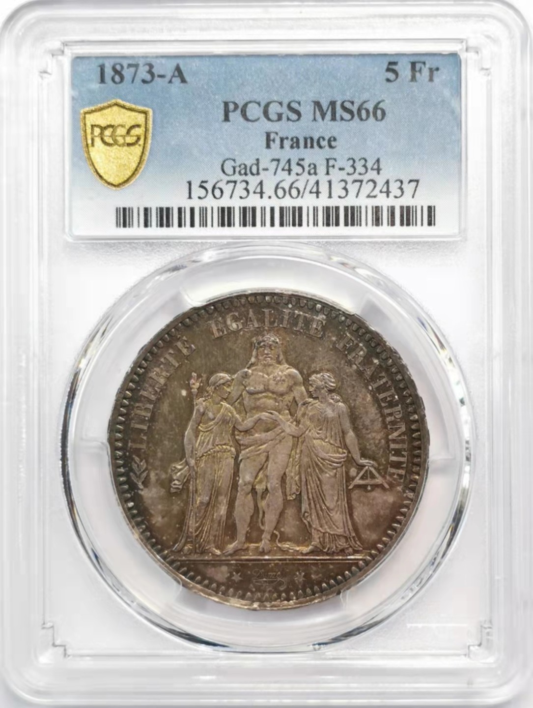 凡希社世界钱币微拍第一百九十三期 荐！1873A法国大力神5法郎PCGS-MS66黑彩收藏级！