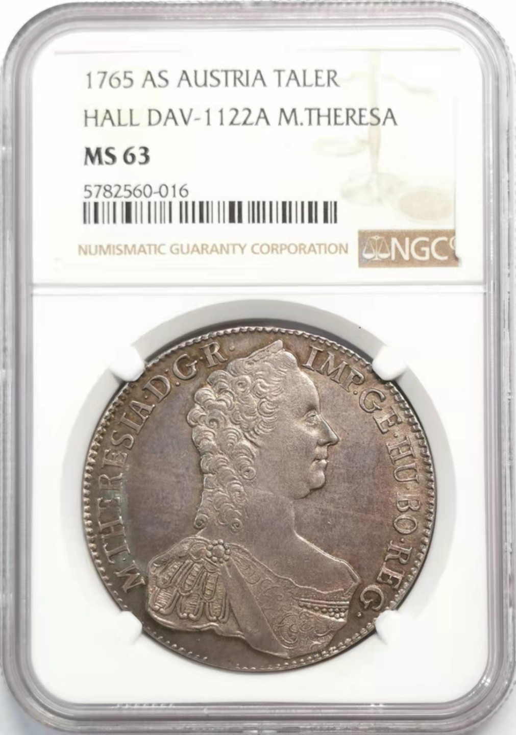 凡希社世界钱币微拍第一百九十三期 稀！1765神罗玛利亚特蕾莎塔勒大银NGC-MS63淡紫罗兰包浆顶级品！
