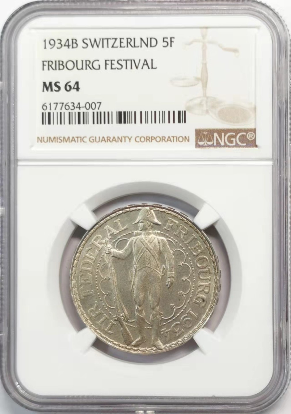 凡希社世界钱币微拍第一百九十三期 1934瑞士弗莱堡射击节5法郎NGC-MS64