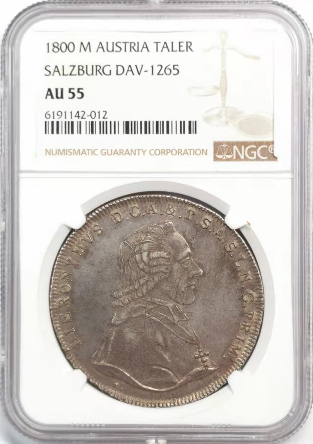 凡希社世界钱币微拍第一百九十三期 1800萨尔茨堡亲王大主教希罗尼穆斯泰勒大银NGC-AU55