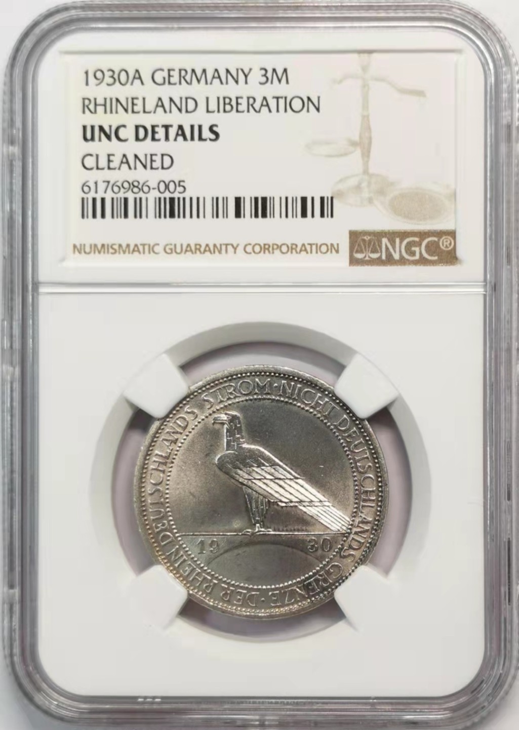 凡希社世界钱币微拍第一百九十三期 1930魏玛莱茵兰解放3马克NGC-UNCD