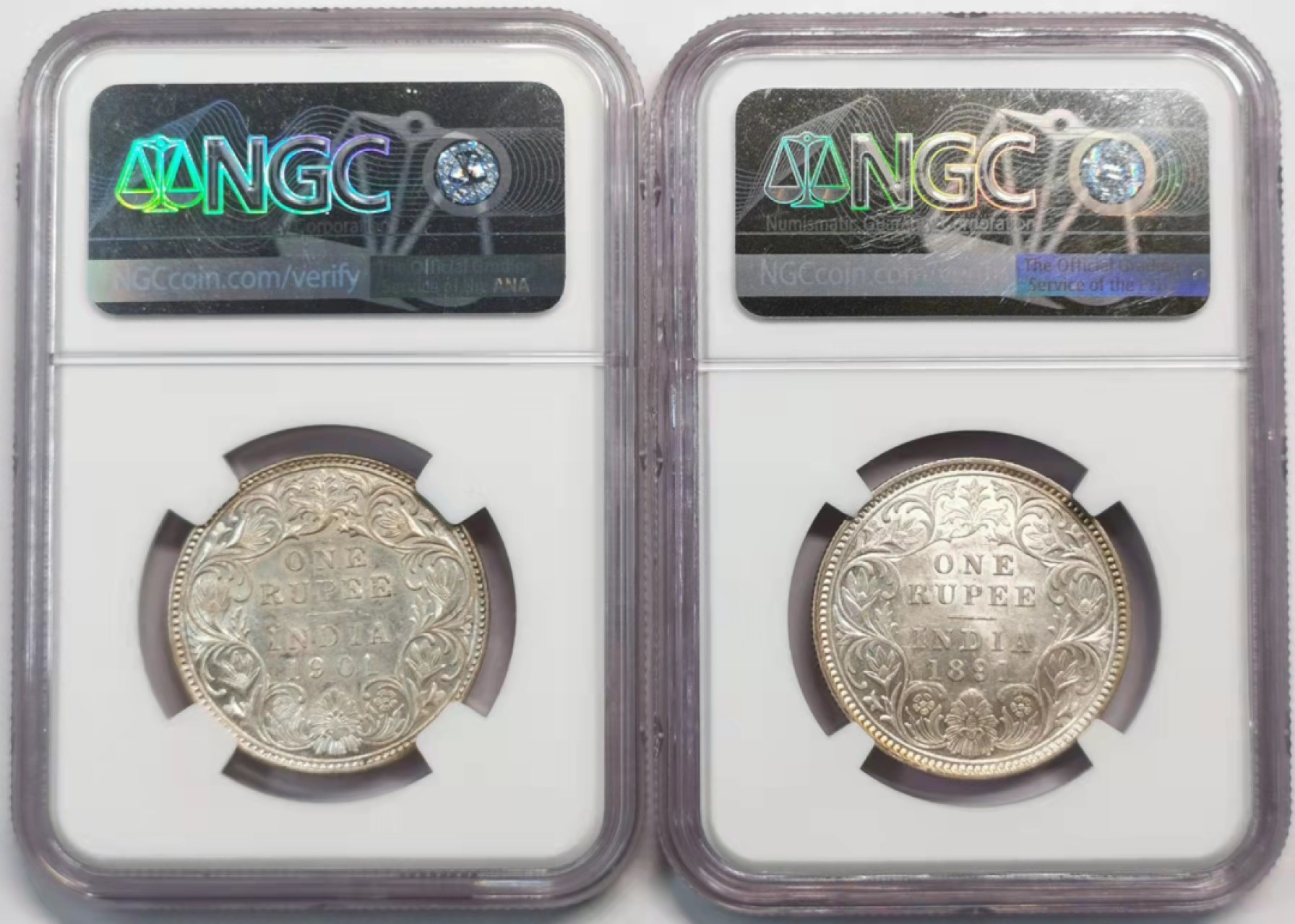 凡希社世界钱币微拍第一百九十三期 英属印度小维卢比一对NGC-AU58/MS61