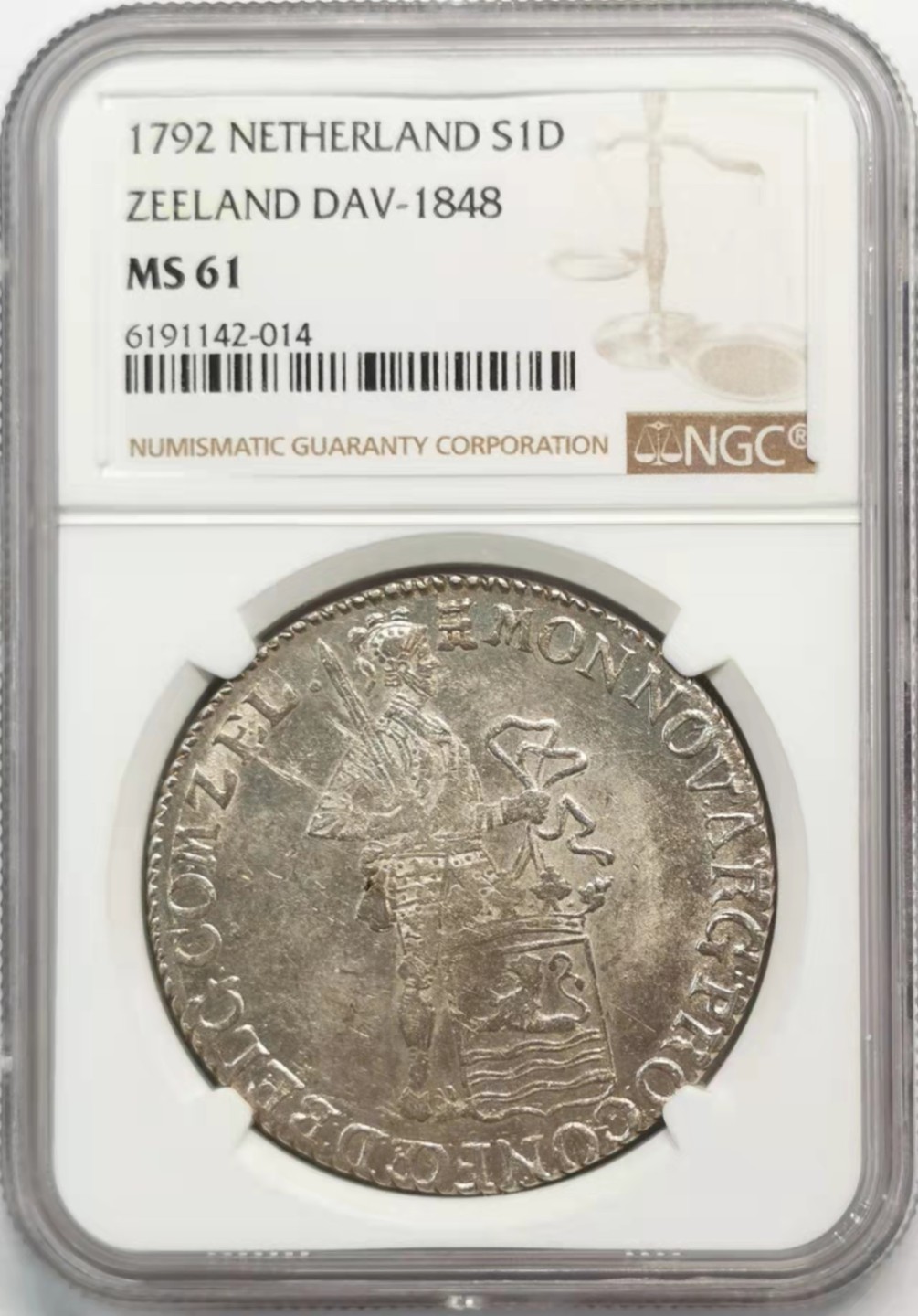 凡希社世界钱币微拍第一百九十三期 稀！1792泽兰武士执剑杜卡特大银NGC-MS61原色银光！