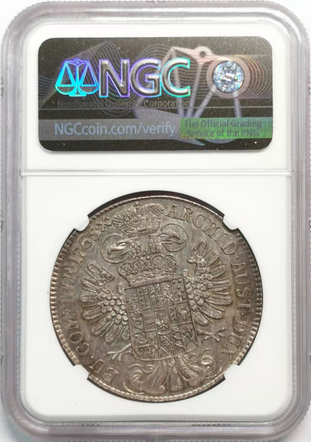 凡希社世界钱币微拍第一百九十三期 稀！1765神罗玛利亚特蕾莎塔勒大银NGC-MS63淡紫罗兰包浆顶级品！