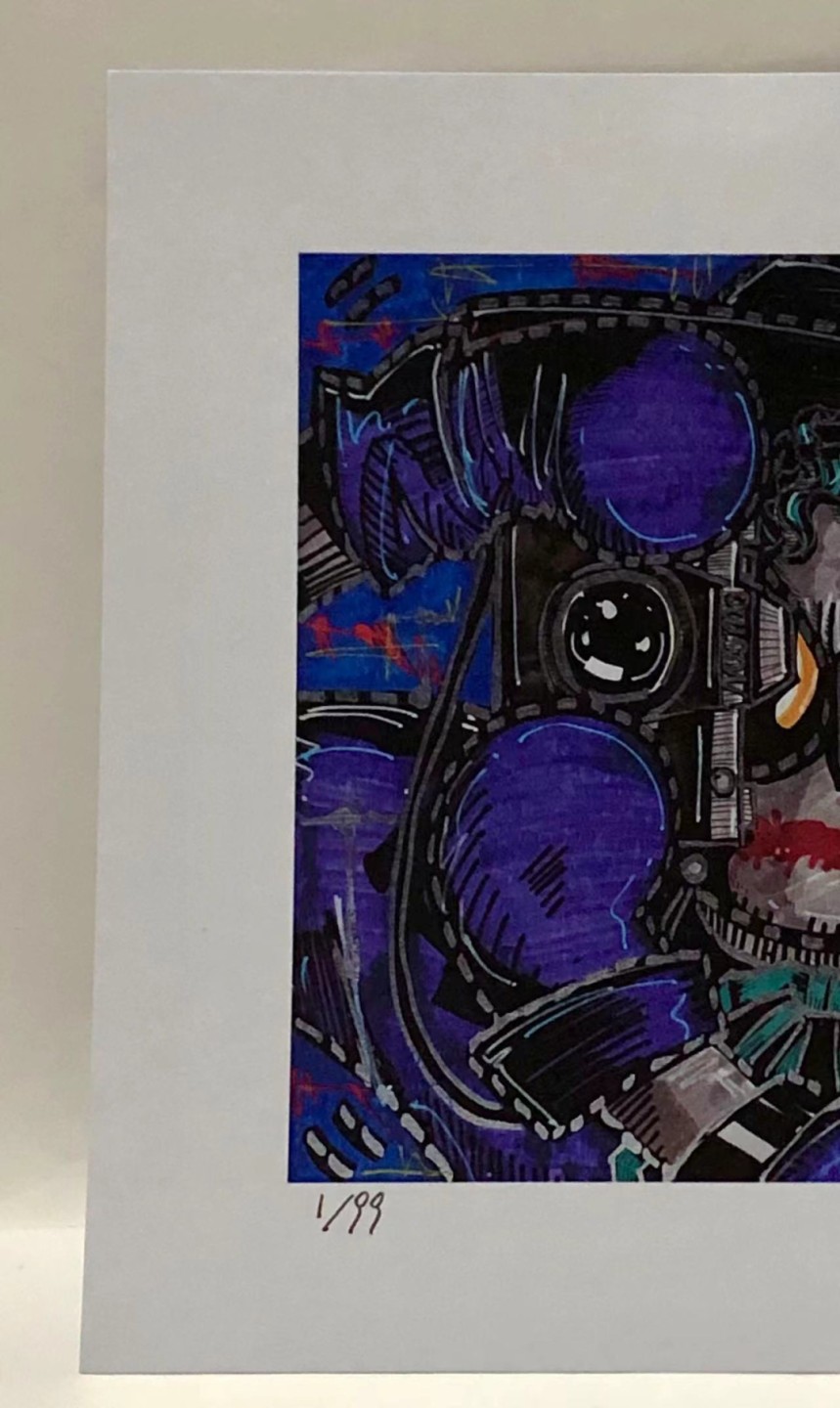 零元拍：歪歪亲笔签名 OWSON系列限量插画复制画《小丑》，尺寸约22/22厘米，拍品不含镜框