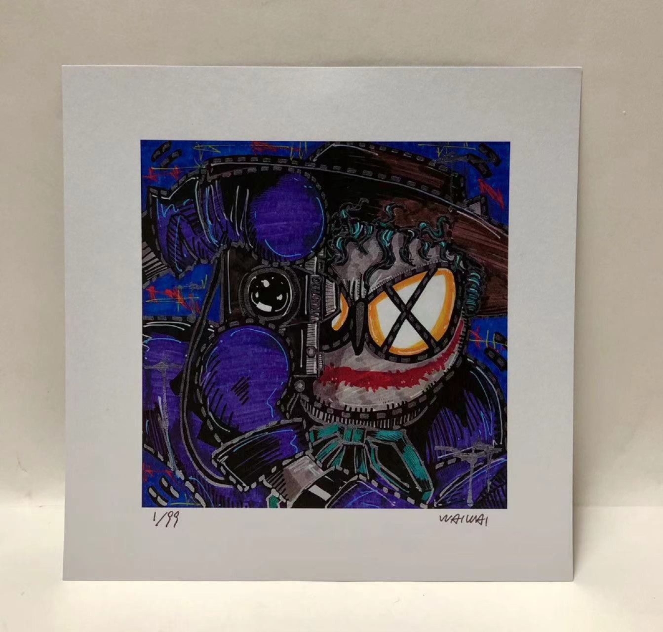 零元拍：歪歪亲笔签名 OWSON系列限量插画复制画《小丑》，尺寸约22/22厘米，拍品不含镜框