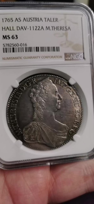 凡希社世界钱币微拍第一百九十三期 稀！1765神罗玛利亚特蕾莎塔勒大银NGC-MS63淡紫罗兰包浆顶级品！