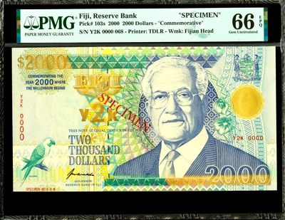 【Blue Auction】✨世界纸币精拍第170期【精】（共65拍） - 【68号样钞】斐济 2000年2000元 PMG66EPQ 千禧年纪念钞 元素丰富 设计精美 超大票幅