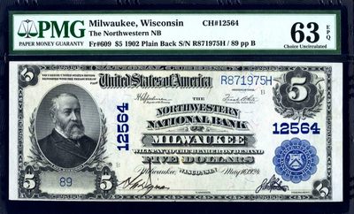 【Blue Auction】✨世界纸币精拍第170期【精】（共65拍） - 【89小号靓号 密尔沃基极少见版本 潜力升值品种】 美国 1902年5美金 PMG63EPQ 背面经典油画《Landing of the Pilgrims》（朝圣者登陆）
