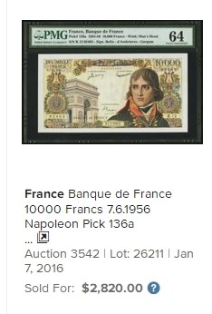 【改值前版本】法国 1955-56年10000法郎 经典拿破仑 PMG63高分