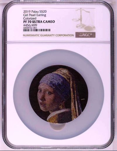 【冠军分满分】荷兰的“蒙娜丽莎”——维米尔传世之作《戴珍珠耳环的少女》帕劳2019年微马赛克银币 限量版 NGC70