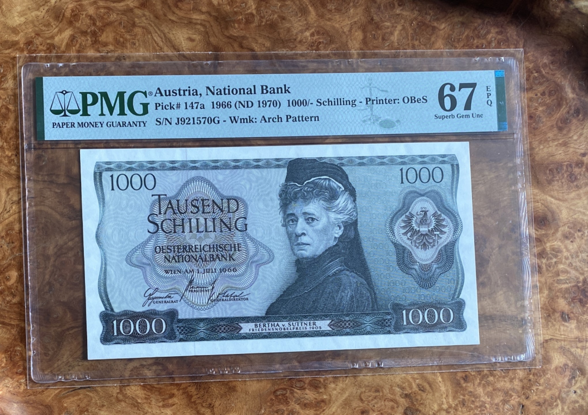Chase Auction（得物拍卖）第5期 - - 中外纸币、硬币联拍 1966年奥地利1000先令，PMG67分，作家苏特纳，诺奖获得者！