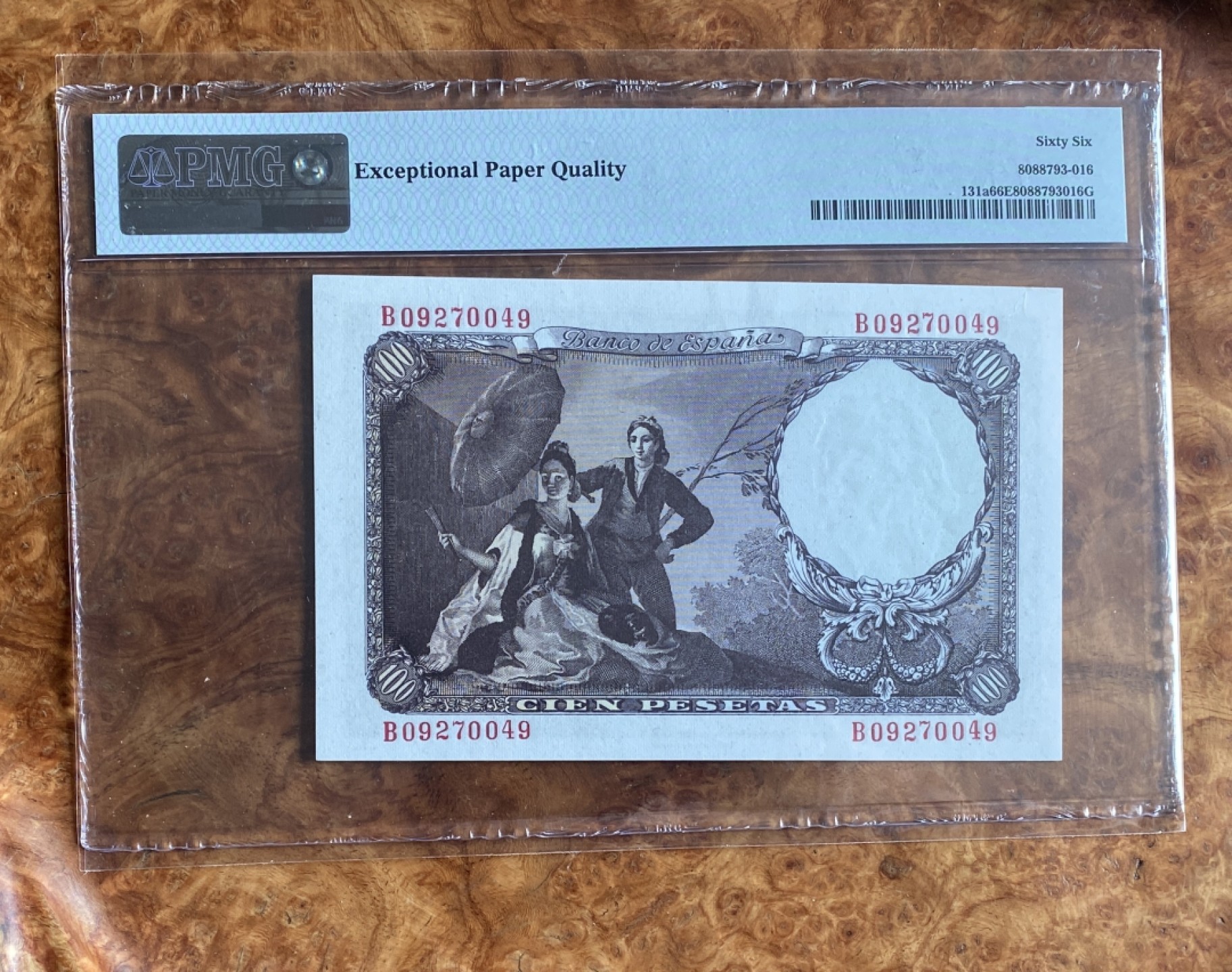 Chase Auction（得物拍卖）第5期 - - 中外纸币、硬币联拍 1946年西班牙100比塞塔，PMG66分，画家戈雅，背面代表作 阳伞！