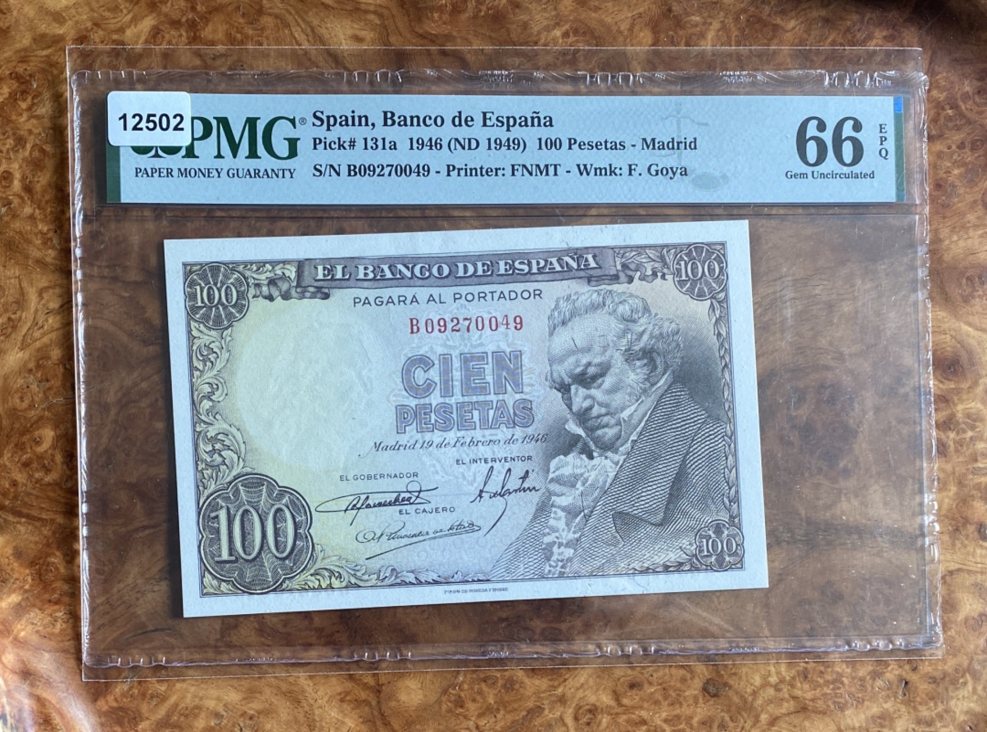 Chase Auction（得物拍卖）第5期 - - 中外纸币、硬币联拍 1946年西班牙100比塞塔，PMG66分，画家戈雅，背面代表作 阳伞！