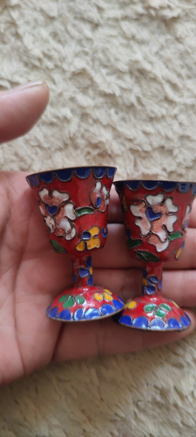 一米收藏，开心上拍(第四十期)裸币专场！ 创汇期珐琅彩，铜酒杯一对！出口创汇！包老包真！