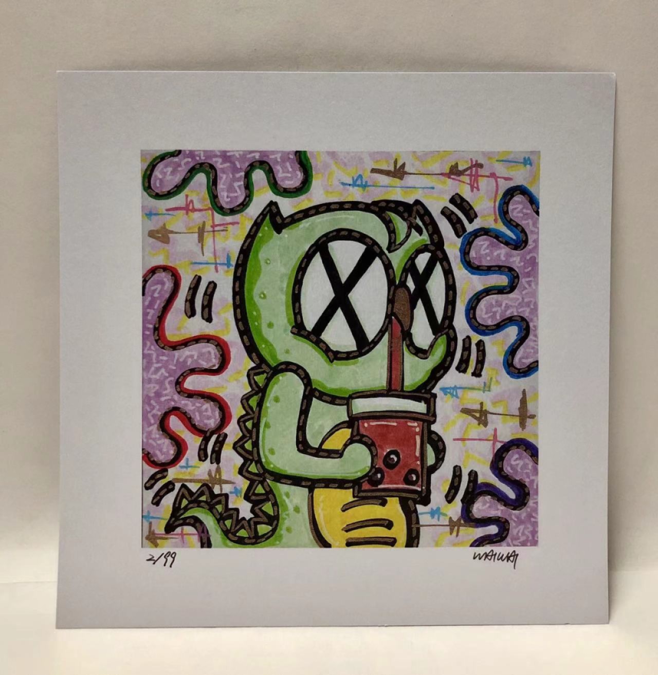 零元拍：歪歪亲笔签名 OWSON系列限量插画复制画《小恐龙》