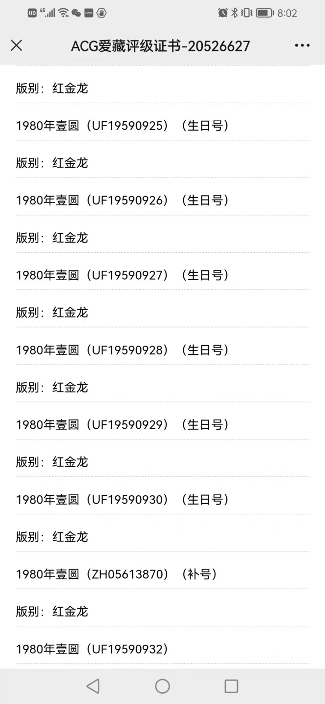 【华誉王者】1954期拍卖 801红金龙百连整刀带补， 含年份生日号30张 ACG66+E UF19590901