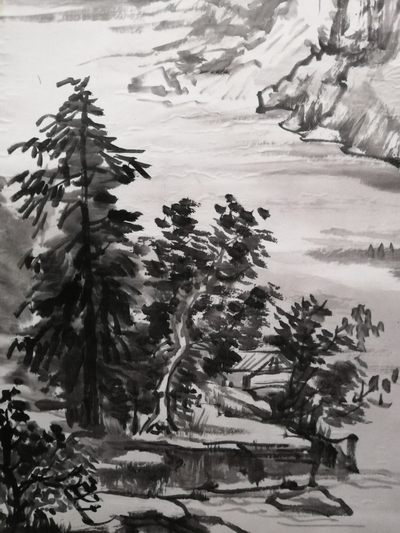 包老包真早年国外回流国画之水墨山水图老立轴！规格尺寸：全长约188厘米，画心136厘米X34厘米。品相描述：纸本，两硬木轴头都在，