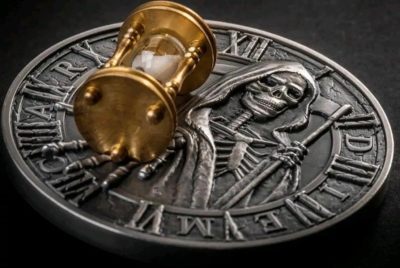纽埃2018年死神骷髅镶嵌沙漏2盎司仿古纪念银币