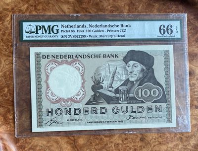 Chase Auction（得物拍卖）第5期 - - 中外纸币、硬币联拍 - 1953年荷兰100盾，PMG66，哲学家伊拉斯谟，靓号！