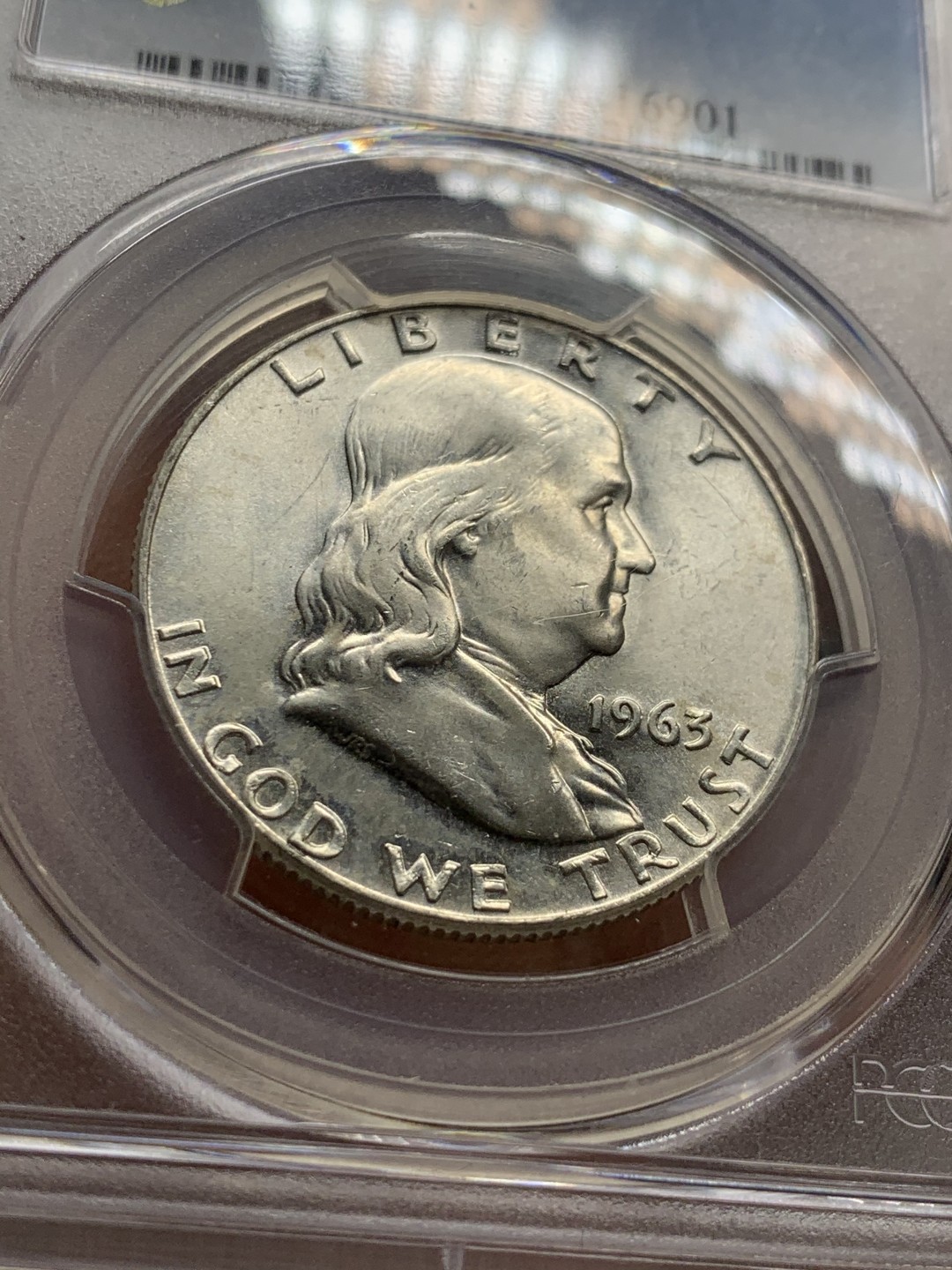 《竞宝斋》第43场-本周日，周一2场连拍（全场顺丰包邮） PCGS MS65 美国 富兰克林 1963年D版 半美元银币 BU状态 干净如镜