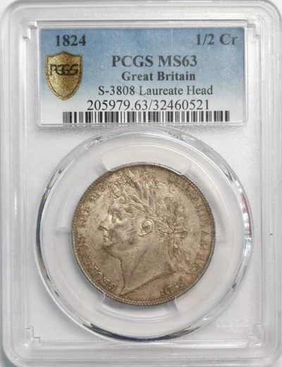 荐！1824英国乔四半克朗PCGS-MS63浅金色包浆！