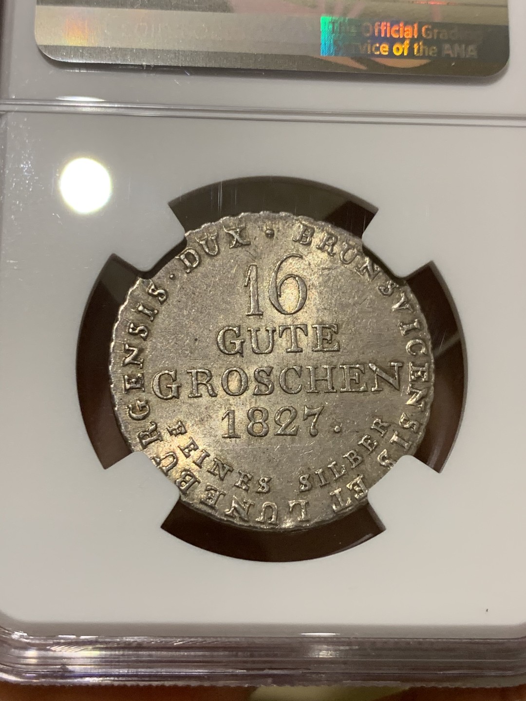 《竞宝斋》第43场-本周日，周一2场连拍（全场顺丰包邮） NGC-MS62 德国汉诺威 1827年 乔四宝马 16G 银币 这品有这品相已经是顶级了